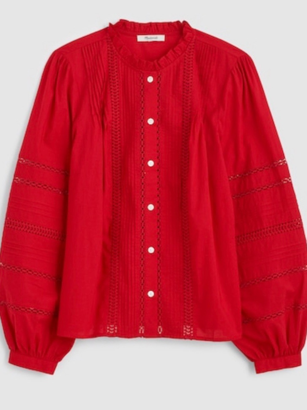 NWT Madewell Bright Red Lace-Inset Button Front Blouse medium